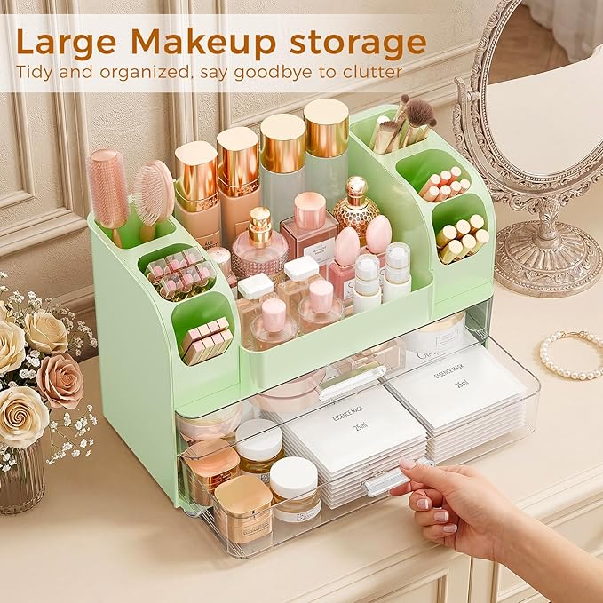 Makeup Organizer for Vanity with Brush Holder, Large Bathroom Countertop Organizer & Skincare Storage | Perfume, Cosmetics Display Case with Drawers (Green)