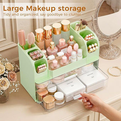 Makeup Organizer for Vanity with Brush Holder, Large Bathroom Countertop Organizer & Skincare Storage | Perfume, Cosmetics Display Case with Drawers (Green)