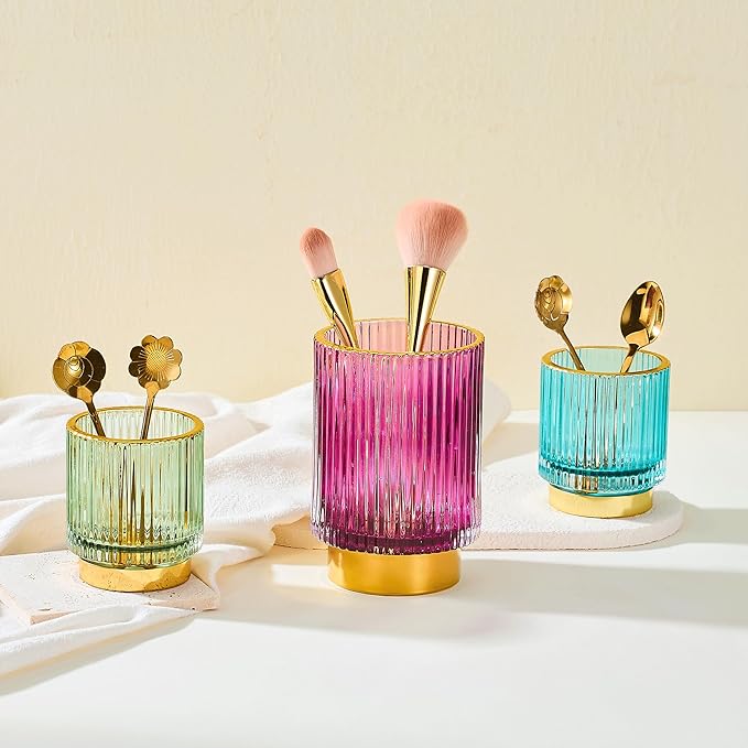 Makeup Brush Organizer, Toothbrush Holder, Desk Pen Pencil Holder, Multifunctional Vintage Glass Brush Cup (S/Green/A3-11-US)