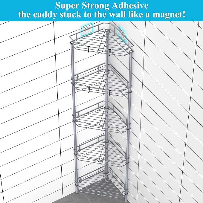 HuggieGems 5 Tier Floor Standing Corner Shower Caddy Organizer Shelf with Hooks, Bathroom Shelves Stand Rack, Dark Gray