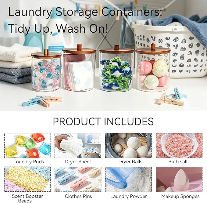 Amolliar Laundry Pods Storage Container, Clear Laundry Room Organization, 1 Pack Large Detergent Container with Dark Wood Lid & 27 Labels for Bathroom Organizer (0.6 Gal)