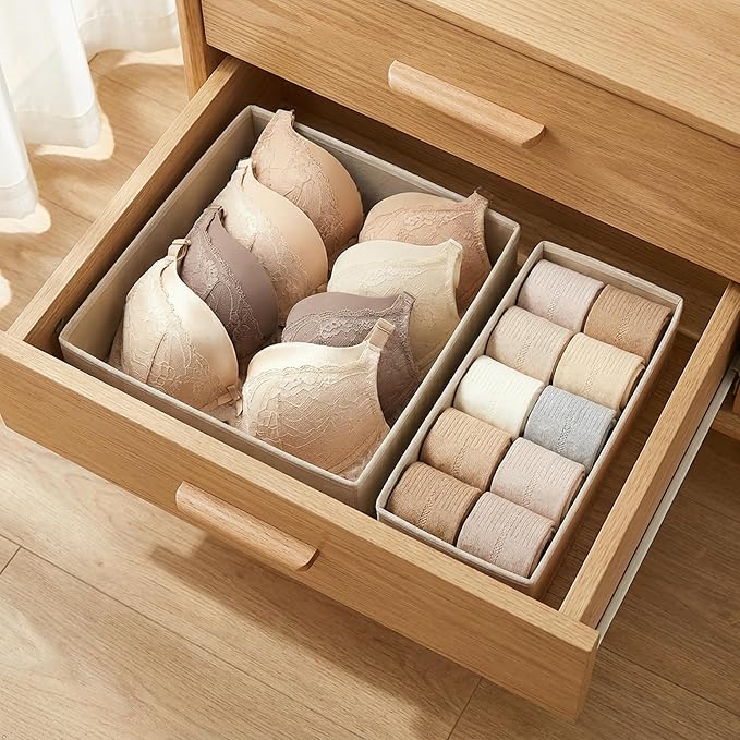 Underwear Drawer Organizer 2 Pack - Foldable Fabric Storage Bins for Dresser & Closet, Khaki Sock and Bra Dividers, 2 Sizes for Bedroom Organization
