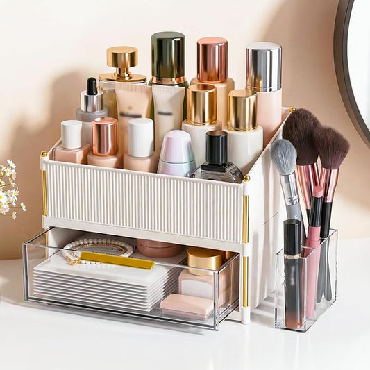 Large Capacity Makeup Organizer Countertop with Brush Holder, Vanity Skincare Perfume Storage Box for Bathroom, Mother's Day Birthday Anniversary Teen Girl Gifts for Women Mom