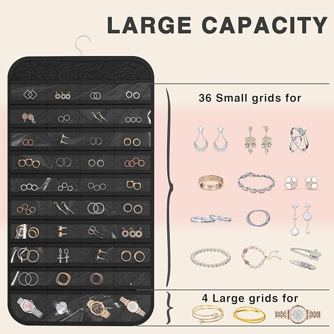 Hanging Jewelry Organizer Storage, 40 Pockets 36 Hooks Necklace Earring Necklace Bracelet Ring Organizer, Double - Sided Design, Black