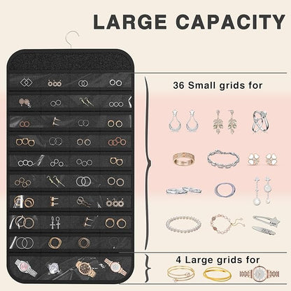 Hanging Jewelry Organizer Storage, 40 Pockets 36 Hooks Necklace Earring Necklace Bracelet Ring Organizer, Double - Sided Design, Black