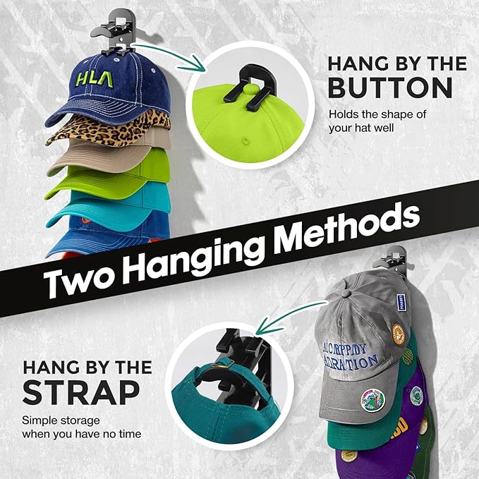 Hat Organizer for Baseball Caps, Hat Rack for Wall Closet Door Hold up to 10 Hats,Hat Holder with Adhesive and 4 Screws, Hat Hanger Cap Holder Hat Hangers for Wall Closet Door Bedroom(1pc,B-Black)