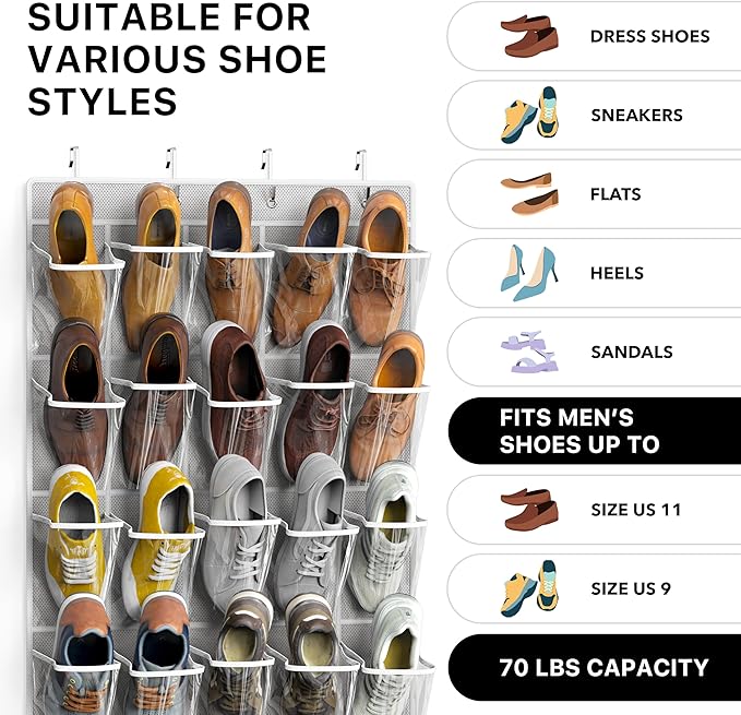 Simple Houseware 40 Large Clear Pockets Over The Door Hanging Shoe Organizer, Gray (75.4'' x 27.25'')