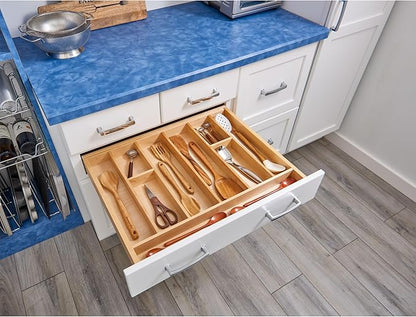 Rev-A-Shelf Trim-to-Custom-Fit Silverware Drawer Organizer For Kitchen Utensils, Cutlery Cabinet Storage Divider Insert, 33.11 x 21.97 In, Maple Wood, 4WUT-36-1