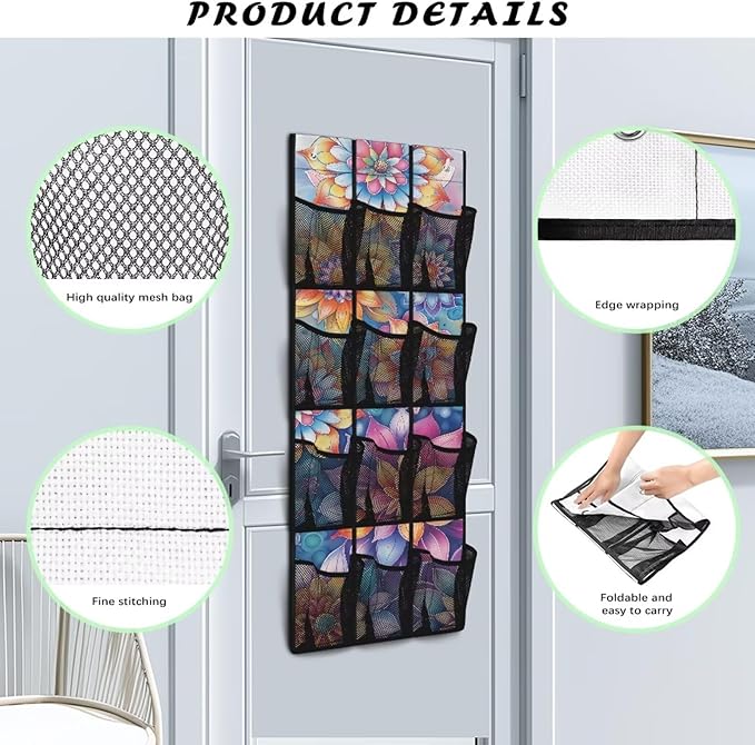 12 Large Mesh Pockets Over the Door Shoe Organizer Colorful Mandala Flower Hanging Shoe Rack for Closet Shoe Organizer Door Hanger