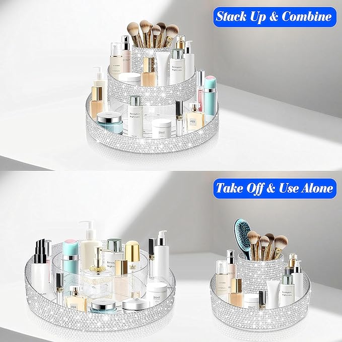 Bling 360 Rotating Makeup Organizer,Shiny Lazy Susan Cosmetic Storage Turntable for Skincare,Perfume & Lipstick,Glitter Round Spinning Tray with Brush Holder for Vanity,Bathroom (10"L x 10"W)