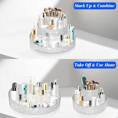 Bling 360 Rotating Makeup Organizer,Shiny Lazy Susan Cosmetic Storage Turntable for Skincare,Perfume & Lipstick,Glitter Round Spinning Tray with Brush Holder for Vanity,Bathroom (10"L x 10"W)