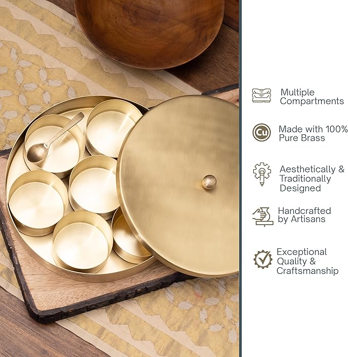 Veda Essentials. Handcrafted Brass Masala Box with 7 Compartments and a Spoon - Indian Spice Organizer with Embossed Lid | Premium Brass Masala Daani (Plain Lid with Matt Finish)