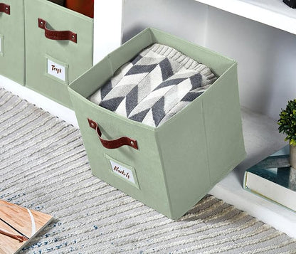 DECOMOMO Storage Bins, Cube Storage Bin with Labels, Fabric Storage Cubes for Shelves (10.5" x 11" / 2pcs, Sage Green)