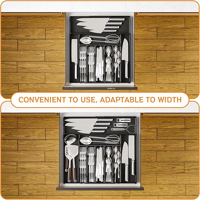 Yieach Black Expandable Silverware Drawer Organizer - Adjust From 11'' to 22'' - Knife,Cutlery,Spoons and Forks Organizer,Large 8 Grid Flatware,Silverware Tray,Utensil Organizer for Kitchen Drawers