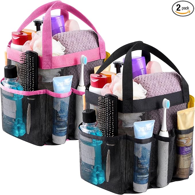 Lifewit Mesh Shower Caddy 2 Packs, Freestanding Portable Shower Tote Bag for Dorm, Bathroom, Gym, Travel, Quick Dry Hanging Organizer with 7 Storage Pockets for Toiletry Essentials, Black&Pink