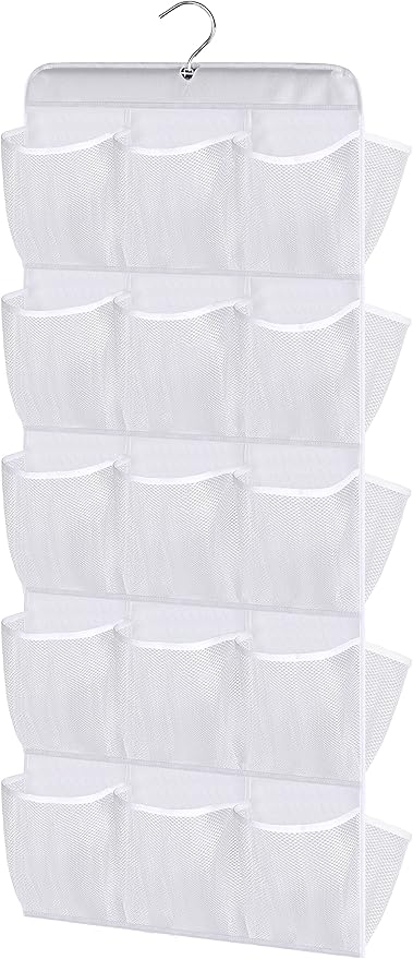 MISSLO 30 Large Pockets Dual Sided Hanging Baby Shoe Organizer for Closet with Rotating Hanger Hanging Shoe Shelves, White