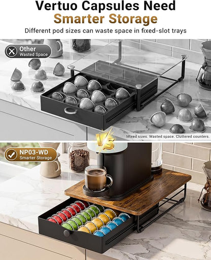 EVERIE Coffee Pod Holder Drawer, Compatible with Nespresso Vertuo Capsules, Holds 40 Large or 52 Small Pods, Flexible Slots for 4 Capsule Sizes, Rustic Brown Countertop Organizer, 15.6" Dx13 Wx3.7 H