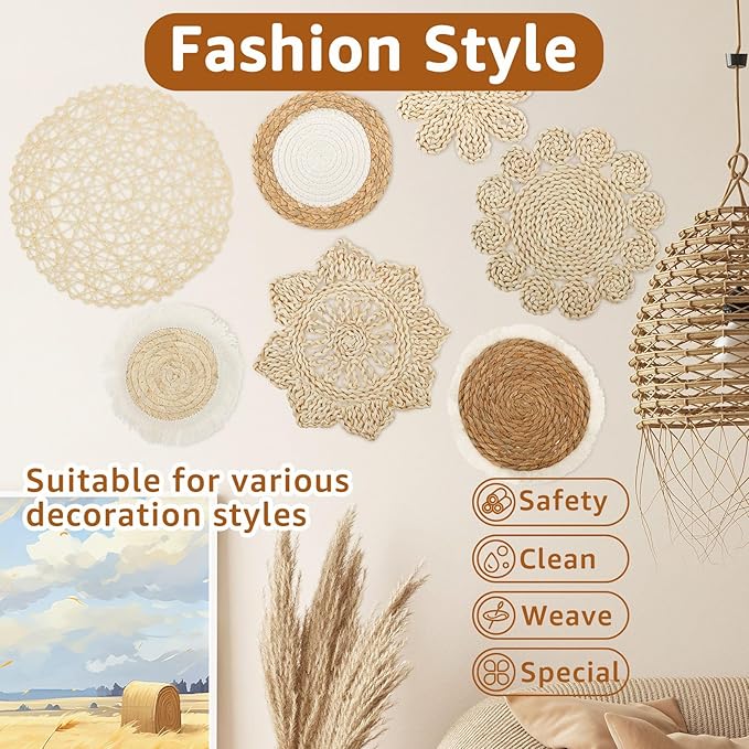 7 Pcs Boho Wall Basket Decor, Rattan Wicker Boho Wall Decor, Hanging Woven Basket Wall Decor, Round Handmade Wall Art for Living Room Bedroom Display Table Settings Home Christmas Decoration (Khaki)