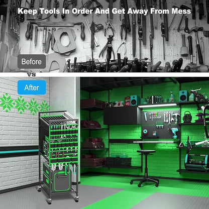JUNNUJ Large Power Tool Organizer Cart with Charging Station, Garage Floor Standing Rolling Drill and Tools Battery Storage Cart on Wheels, Heavy Duty Rack Shelf with 8 Outlet 10 FT Power Strip, Green