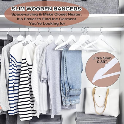 FairyHaus Wooden Hangers 30 Pack White, Slim Wood Coat Suits Hanger with 360° Swivel Hook, Notches and Pants Bar, Smooth Finish and Lightweight for Closet Clothes