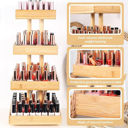 Homde Nail Polish Display Stand and Storage: 360 Degree Rotating Bamboo Rack Organizer, 4 Tier Makeup Holder for Fast Access on Countertop or Vanity for Girls & Women,Brown