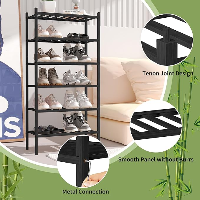 ROMGUAR CRAFT 6-Tier Bamboo Small Shoe Rack, Free Standing Wood Shoe Shelf Storage Organizer for Closet Entryway Stackable (Black)