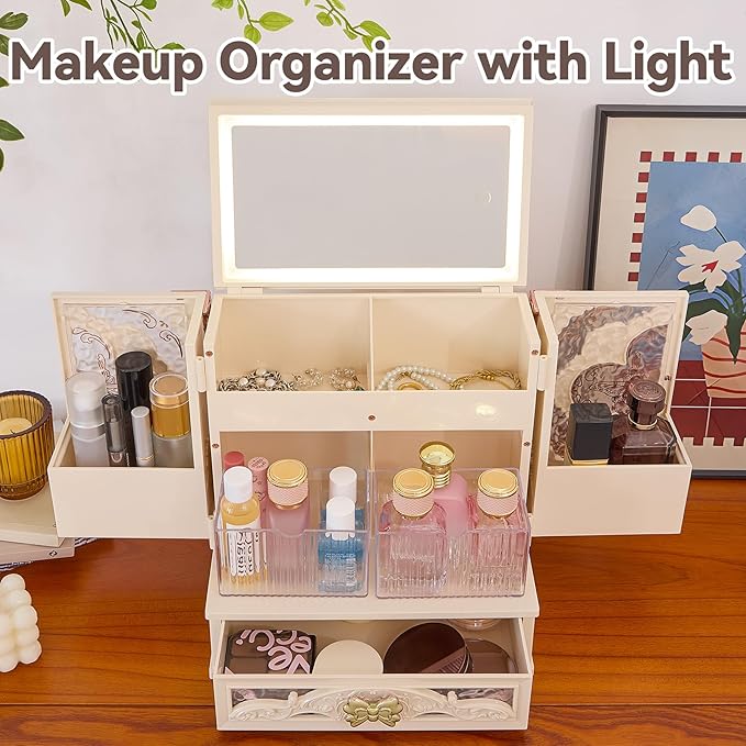 Vintage LED Makeup Organizer with Mirror, Large Cosmetic Storage Box with Drawers & Side Compartments, Dustproof Skincare Organizer for Vanity, Elegant Gift for Women (White)