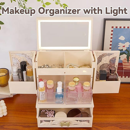 Vintage LED Makeup Organizer with Mirror, Large Cosmetic Storage Box with Drawers & Side Compartments, Dustproof Skincare Organizer for Vanity, Elegant Gift for Women (White)