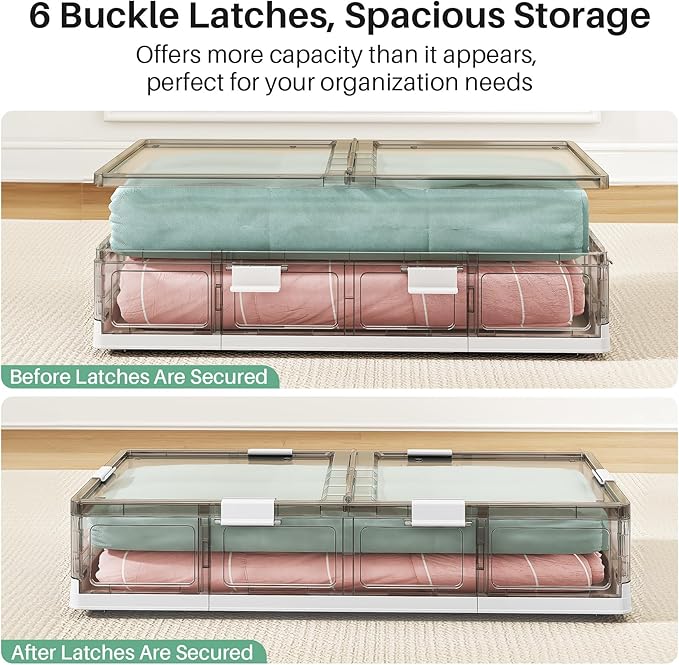 Kitstorack Clear Plastic Under Bed Storage Containers Bins with Lids and 8 Pre-installed Wheels,37.8 Qt, Rolling Foldable Flat Under Bed Organizer Boxes for Clothes Shoes Clothing Bedroom