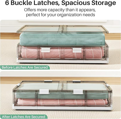 Kitstorack Clear Plastic Under Bed Storage Containers Bins with Lids and 8 Pre-installed Wheels,37.8 Qt, Rolling Foldable Flat Under Bed Organizer Boxes for Clothes Shoes Clothing Bedroom
