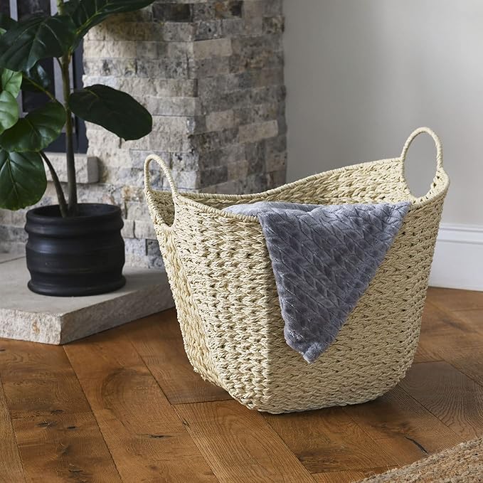 Household Essentials Cream Paper Rope Basket with Handles, Natural Woven Storage Basket