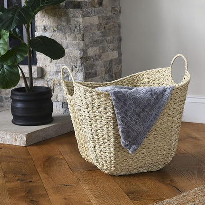 Household Essentials Cream Paper Rope Basket with Handles, Natural Woven Storage Basket