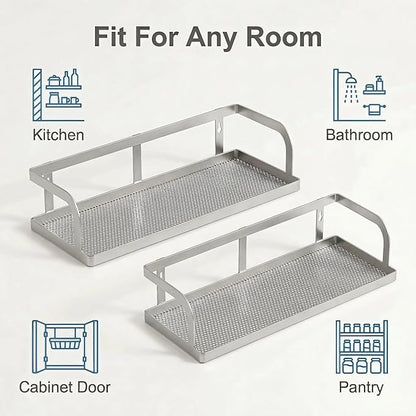 PUSDON 2-Pack 16.5" Extra Long Slim Hollowout Shower Caddy, Wall Mount Spice Rack & Bathroom Organizer, Mesh Bottom Cabinet Door Shelf Holds 50LBS - Silver Gray, Hollowout