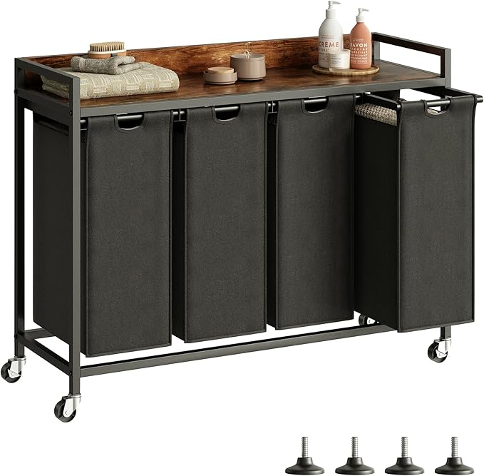 Herture Laundry Hamper with Shelf, Laundry Basket 4 Section, Laundry Sorter with Pull-Out Removable Large Bags and Movable Wheels, Metal Frame, 4 x 15.87 Gallons (60L), Rustic Brown + Black PF07XLY