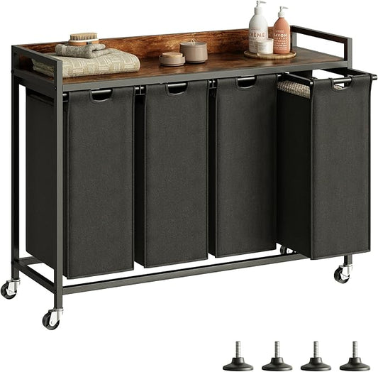 Herture Laundry Hamper with Shelf, Laundry Basket 4 Section, Laundry Sorter with Pull-Out Removable Large Bags and Movable Wheels, Metal Frame, 4 x 15.87 Gallons (60L), Rustic Brown + Black PF07XLY
