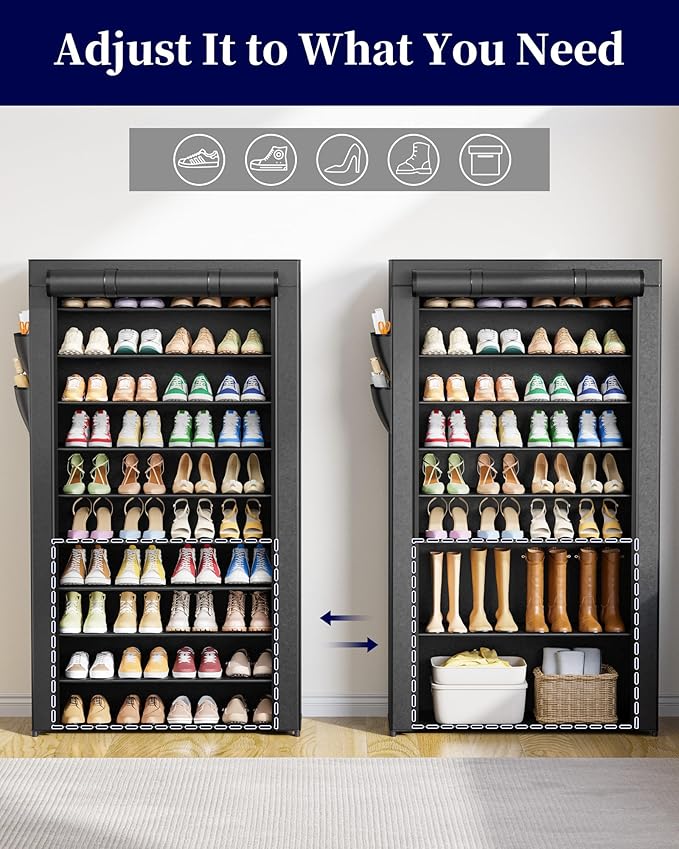 Kitsure Shoe Rack - 10-Tier Shoe Organizer with Zippered Dust Cover & Side Pockets, Easy to Assemble, Space Saving Shoe Rack for Closet, Entryway, Living Room, 33" x 12.4" x 69.3", Black
