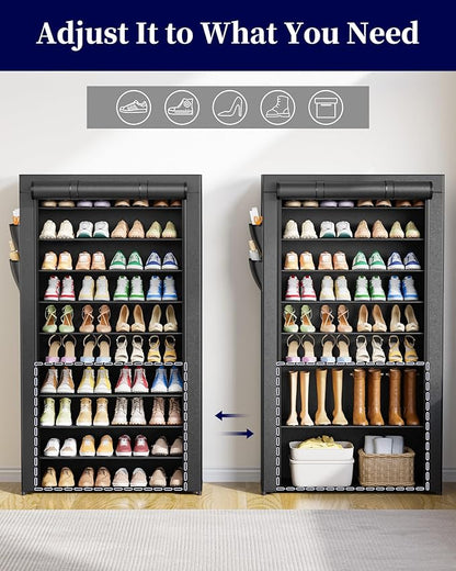 Kitsure Shoe Rack - 10-Tier Shoe Organizer with Zippered Dust Cover & Side Pockets, Easy to Assemble, Space Saving Shoe Rack for Closet, Entryway, Living Room, 33" x 12.4" x 69.3", Black