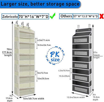 Over the Door Organizer Storage 6 Tier, 12 Large Capacity Side Pockets, Heavy Duty Metal Reinforced Hook Anti Tilt 75 LB Load Behind Door Storage for Bedroom Bathroom Pantry Nursery
