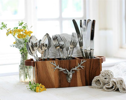 Vagabond House Caddy Rectangle Acacia Wood Flatware/Serve ware/Utensil/Carry-All Holder with Solid Pewter Rustic Elk Accent Real Leather Handles, 3 Small and 1 Larger Compartment 13 inch Long