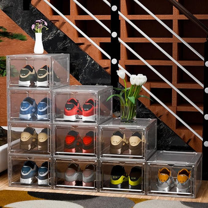 YIIHAA 6 Pack X Large Shoe Storage Box, hicken Sturdy Hard Plastic Clear Stackable Sneaker Shoe Rack for Size 6, Easy Assembly Storage Organizer, Holder Sneaker Container (Transparent, 6)