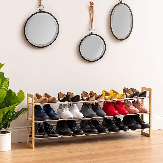 IRIS USA 3-Tier Shoe Rack, Up to 15 Pairs, 25" - 46" L Extendable Shoe Shelf, for Entryway Mudroom, Extendable Shoe Organizer for Closet, Stackable Shoe Storage, Metal Shoe Shelf for Small Space