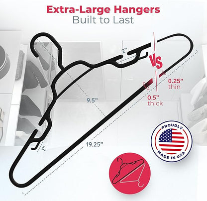Large & Wide Heavy Duty Clothes Hangers 6 Pack – Made in USA – Ideal for Plus Size Clothing – 10lb Plastic Hangers with Notches for Oversized Adult Coats & Pants – Black