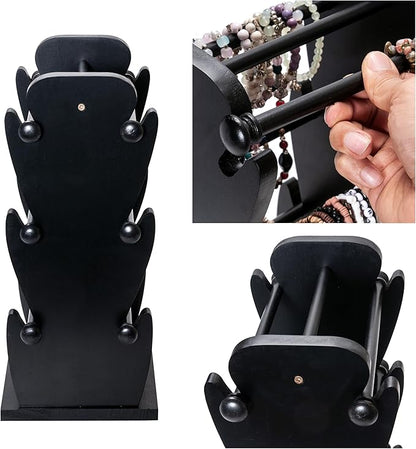 Two-Sided Rotating Wooden Jewelry Bracelet Holder Stand – 3-Tier Display with 6 Removable Bars for Bracelets, Bangles, Watches & Accessories – Black Wooden Organizer for Home or Retail Showcase