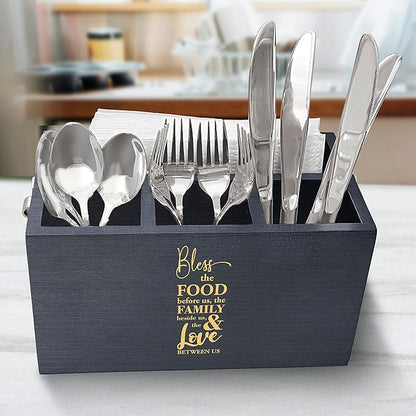 Elegant Engraved Family Quote Wooden Utensil Organizer, Kitchen Utensil Holder, Spoons Knives Forks Organizer For Dining Table & Kitchen, Utensil Organizer