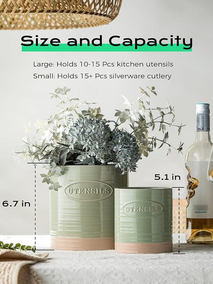 YHOSSEUN Kitchen Utensil Holder, 6.7"+5.1" Ceramic Utensil Holder for Kitchen Counter, Oval Cooking Utensil Crocks for Countertop, Utensil Storage Organizer Set of 2, Green