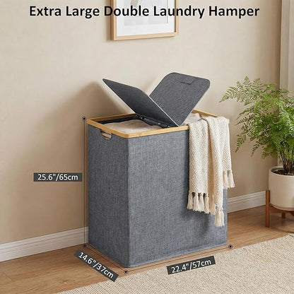 efluky Laundry Hamper with Lid, Double Laundry Basket with 2 Removable Bags, 2 Section Laundry Bin with Bamboo Handles for Bathroom, Bedroom & Laundry Room, 140L (36.9 Gallon) Blue Grey