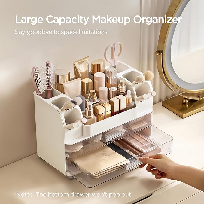 HBlife Makeup Organizer for Vanity with Brush Holder, Large Bathroom Countertop Cosmetic Organizer Skin Care Storage, Easy to Store Lipsticks, Nail Polishes, Perfumes, Eyeshadow Palettes, White