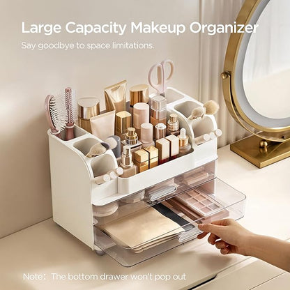HBlife Makeup Organizer for Vanity with Brush Holder, Large Bathroom Countertop Cosmetic Organizer Skin Care Storage, Easy to Store Lipsticks, Nail Polishes, Perfumes, Eyeshadow Palettes, White