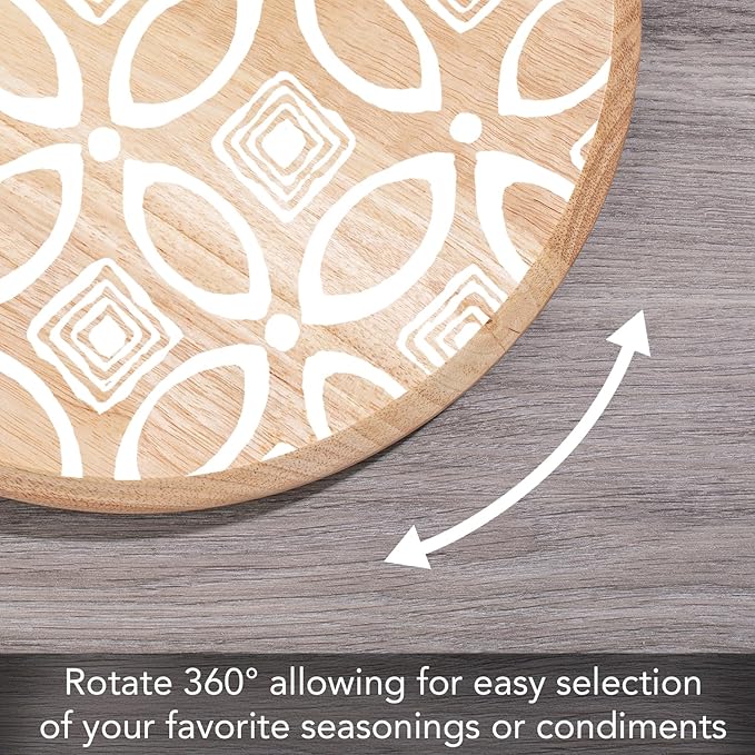 CounterArt Decorative Round Natural Wood Lazy Susan Turntable 14" Diameter Condiment Caddy, Cheese Server, Cake Plate, Spice Organization (White Geometric)