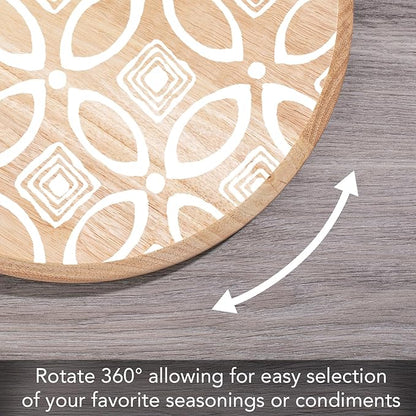 CounterArt Decorative Round Natural Wood Lazy Susan Turntable 14" Diameter Condiment Caddy, Cheese Server, Cake Plate, Spice Organization (White Geometric)